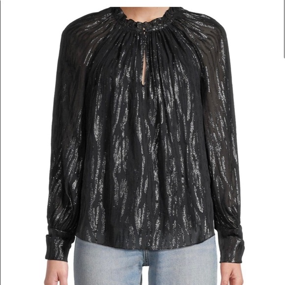 Rebecca Taylor Revolve Shirt Safari Metallic Ruffle Silk Blouse in Black - Picture 3 of 13
